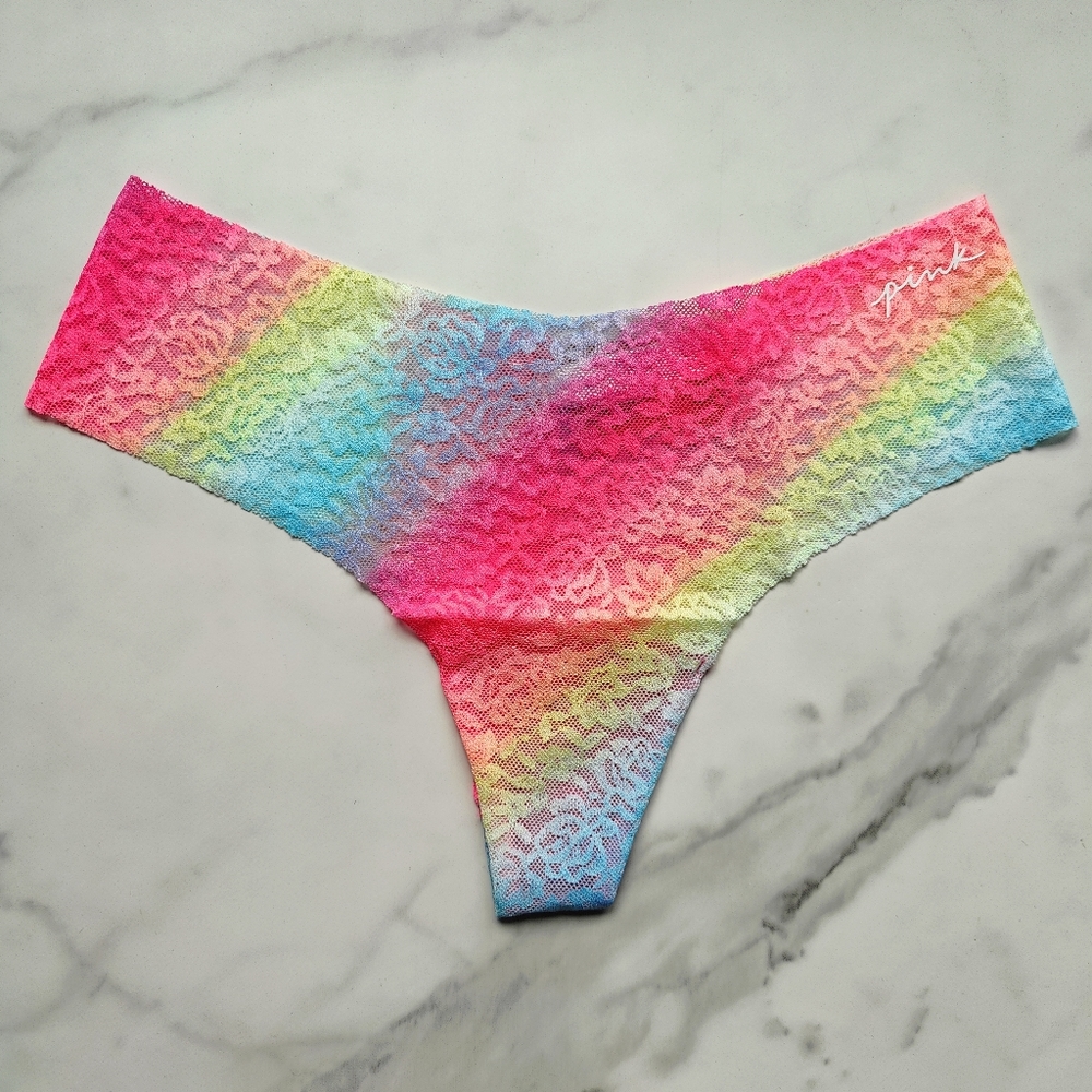 NWT PINK VICTORIA'S SECRET NO-SHOW SOFT LACE THONG PANTY IN RAINBOW GRADIENT SMA - Picture 2 of 5